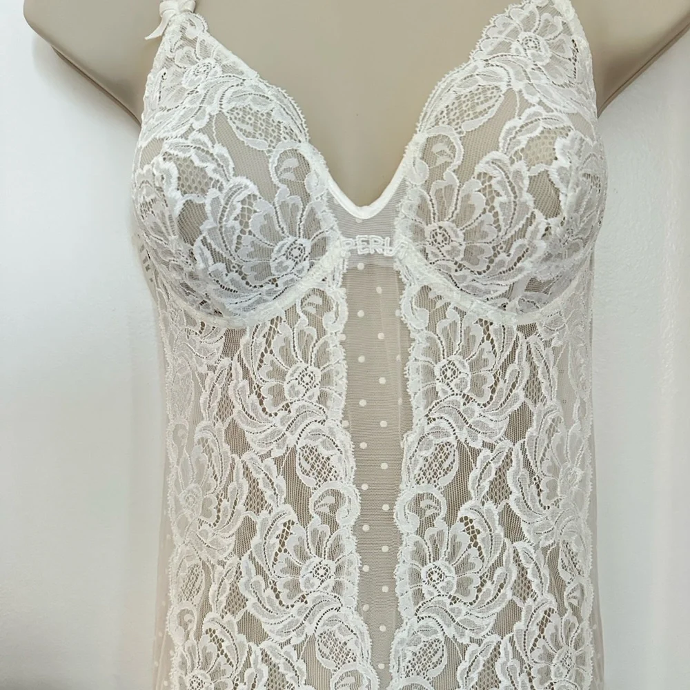 LA Perla Vintage Sheer Lace Plunge Bodysuit in Ivory